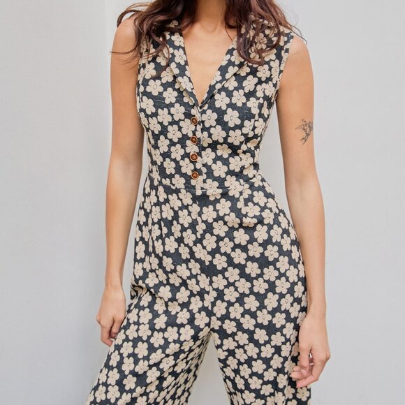 CIDER Collar Floral Wide Leg Jumpsuit - M - Picture 11 of 11